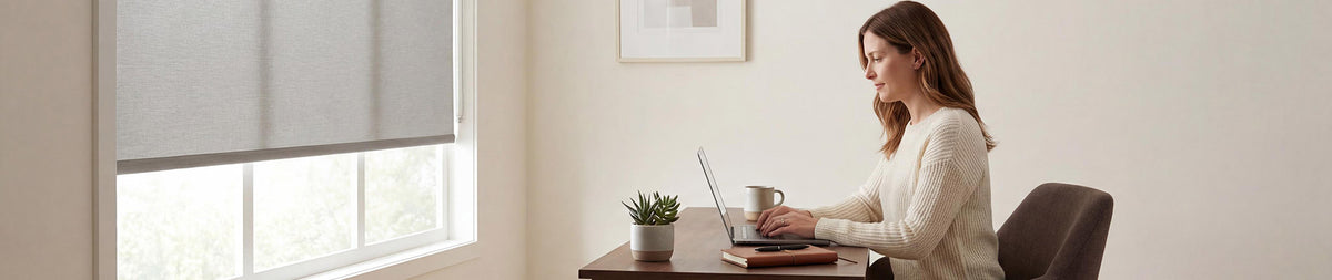 Woman working in a home office with light filtering roller shades