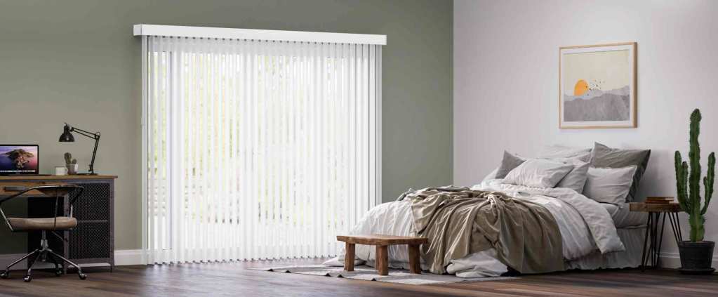 Bedroom featuring SelectWave Vertical Blinds in White