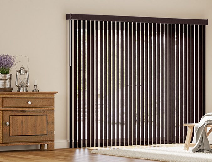 Living room showcasing Designer Fabric Vertical Blinds in Salibello Walnut