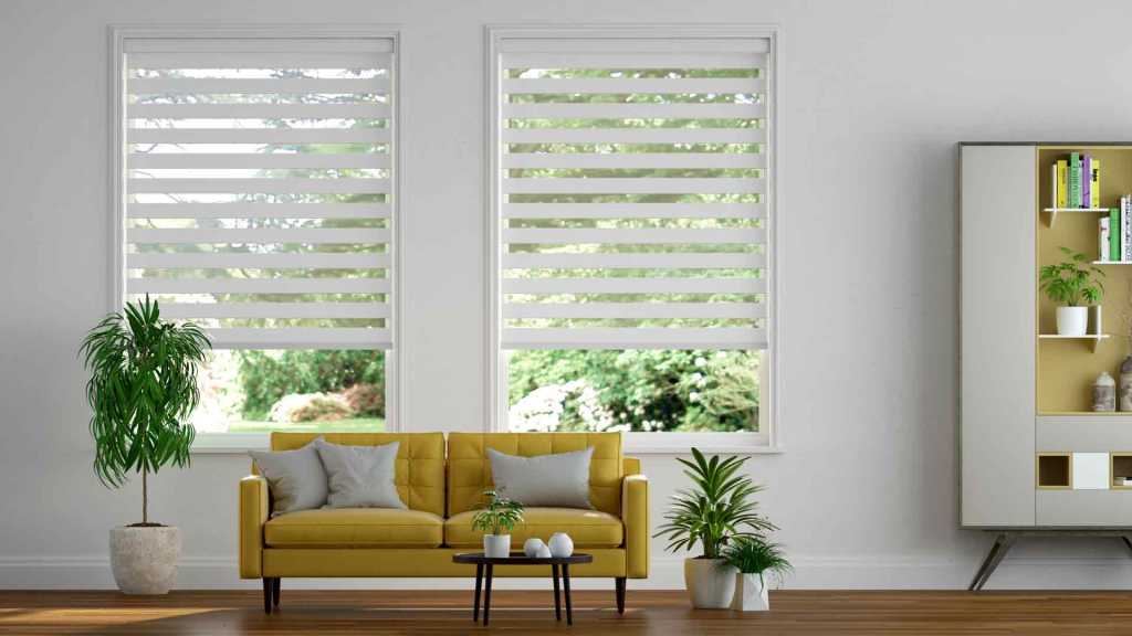 Living room with several plants facing the windows. Traditional Light Filtering Dual Shade from SelectBlinds are on the windows.