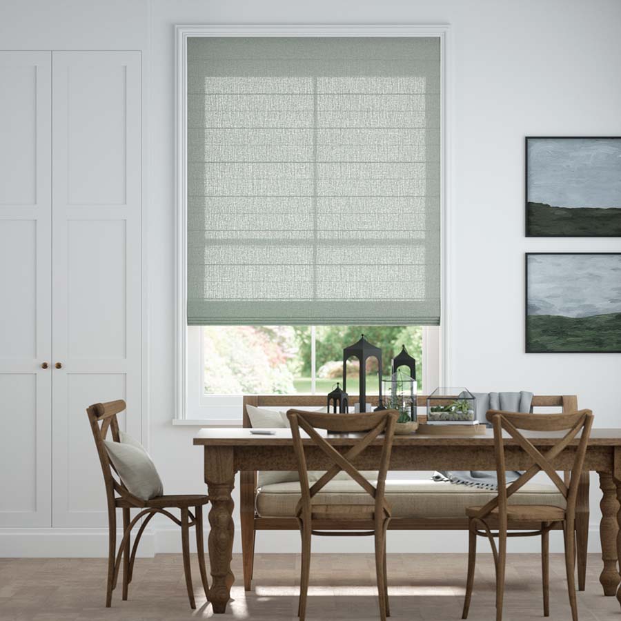 Dining room with SelectBlinds Classic Roman Shades in Ocean Mist