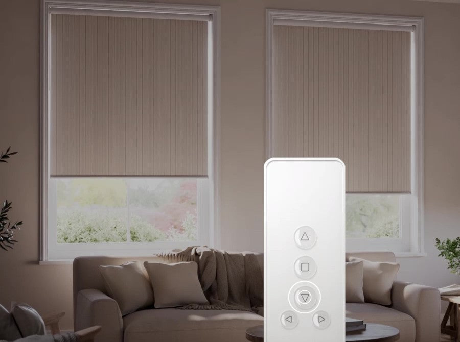 Motorized roller shades with a remote.