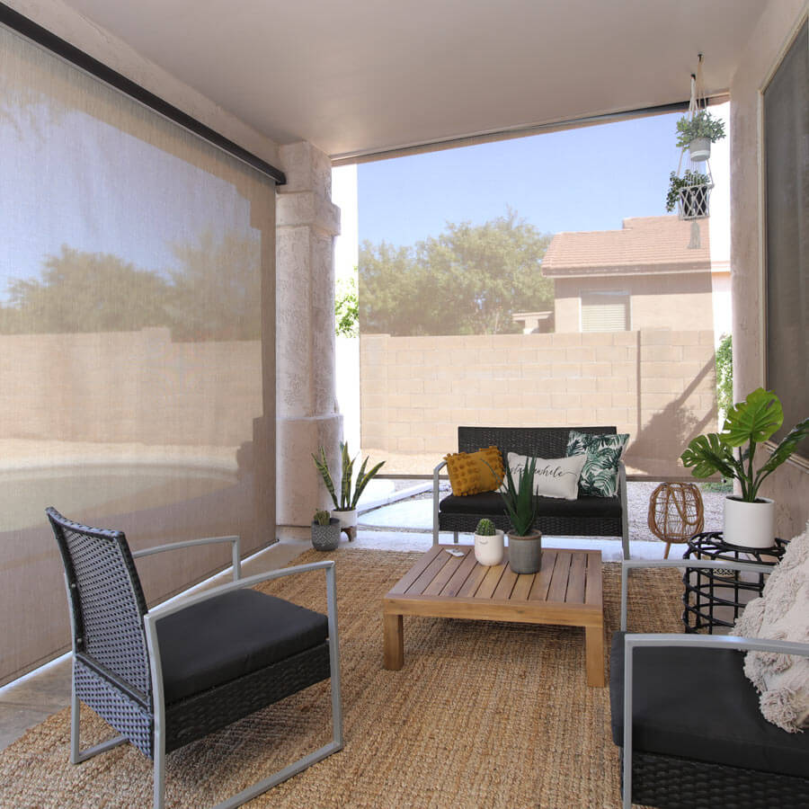Outdoor Motorized Solar Roller Shades, Automatic Patio Sun Screens